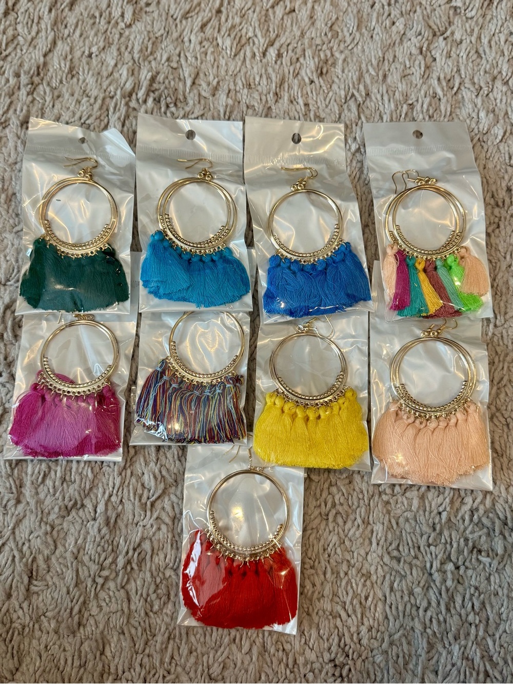 Gold Hoop Tassel Earrings — Red, Yellow, Blue & More